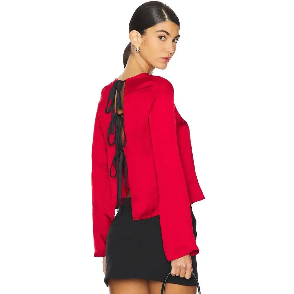Free People Arabella Blouse Rubies Red Satin Long Sleeve Bow Back Medium NWT